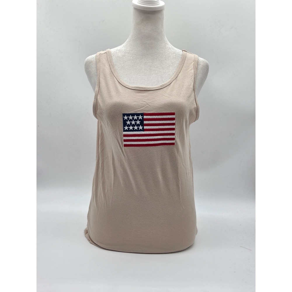 Zenana Women's M Beige American Flag Embroidered Tank Top Cotton 101-538